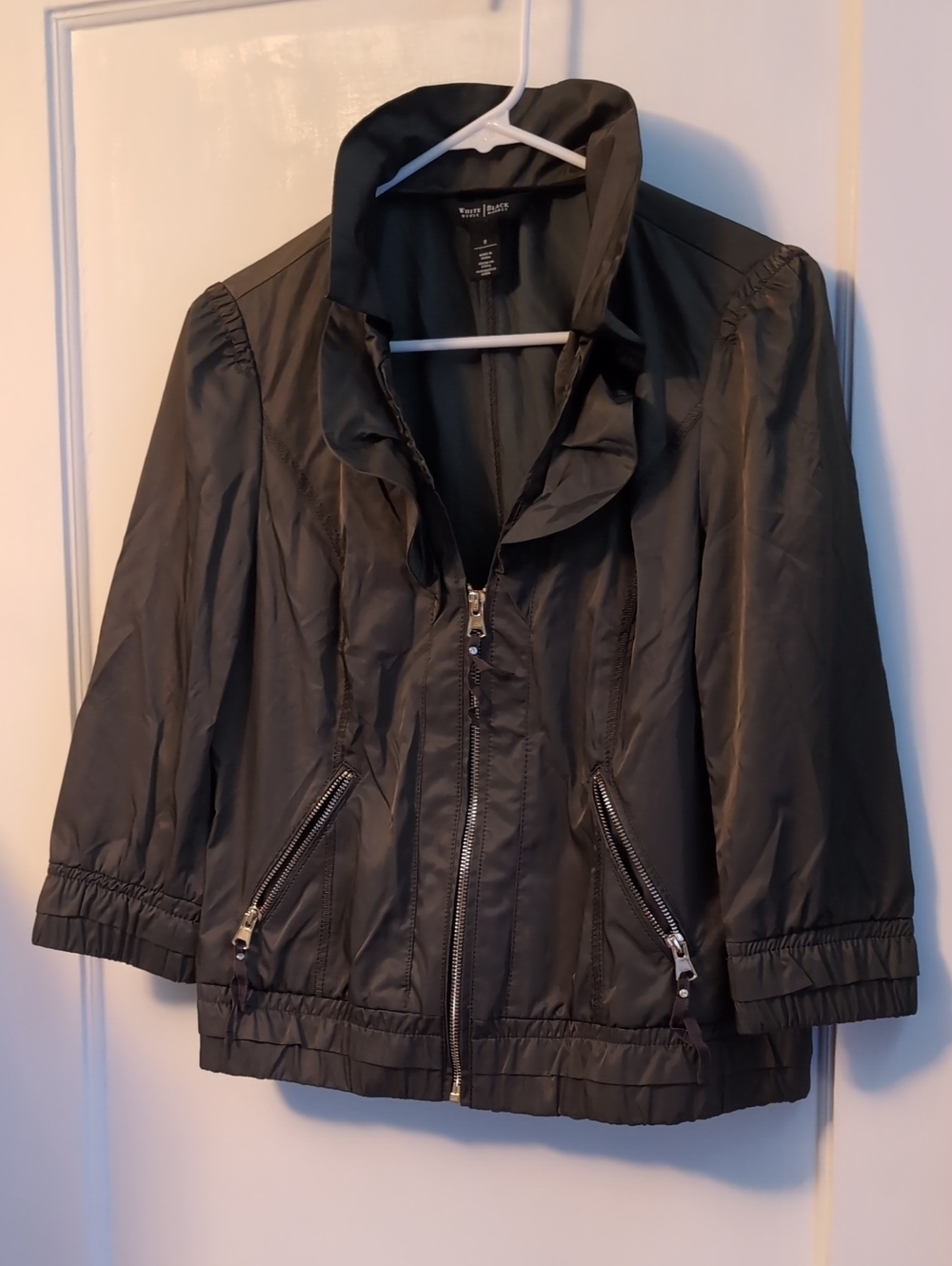 White House Black Market Olive Green Silky Ruffled Collar Zip Utility Jacket